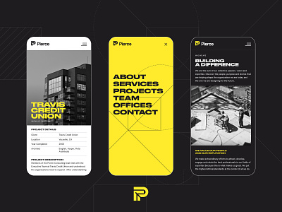 Pierce Mobile UI Concept black bold brand brand identity concept construction consulting design identity layout mobile typography ui ux website yellow