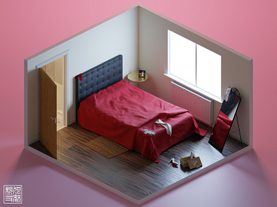 Wolfy Bedroom archviz archviz interior bedroom isometric isometric art mid poly