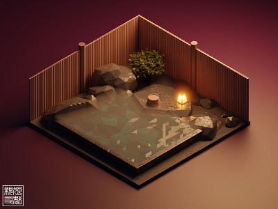 Dreaming of Hot Springs evening isometric art isometry low poly mid poly onsen outdoors sunset