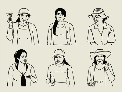 6 main character drawings from 32 women project branding character design flat illustration minimal vector