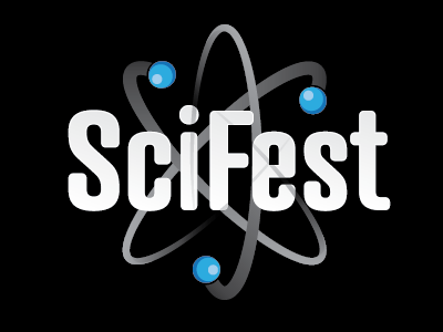 SciFest logo atom atrament black blue electron logo science white
