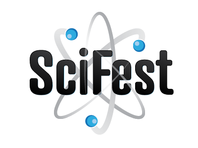 SciFest logo – white atom atrament black blue electron logo science white