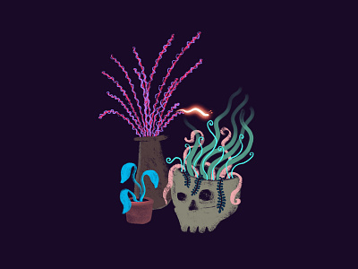 Plants Skull Bug-thingy art blue bug colors dark glowing green illustration leaf nature neon plant pot procreate purple skull still life vase