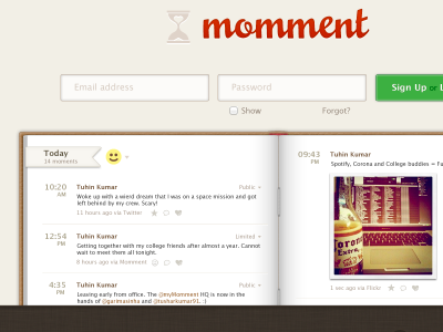 Momment B bree brown diary journal log in lucida grande momment mousse script red sign up