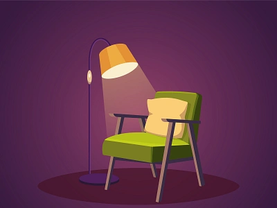 Vector illustration armchair in dark room and floor lamp. illustration аппартаменты вечерний интерьер включеная лампа гостиная дизайн квартиры домашний интерьер кресло кресло и напольная лампа кресло и торшер освещение в темной комнате подушка софа уютный интерьер фурнитура