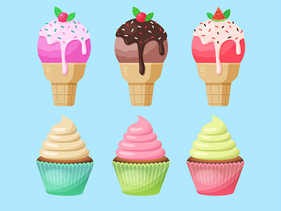 Vector collection of ice cream cone desserts, creamy cupcakes