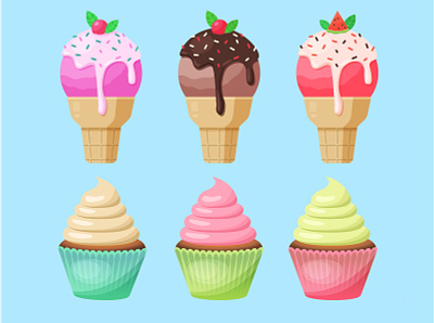 Vector collection of ice cream cone desserts, creamy cupcakes вафельный рожок взбитые сливки вкуснятина десерт кекс крем кремовый кекс маффин мороженое набор десертов пироженое приглашение угощение фруктовый лед чаепитие ягодный десерт