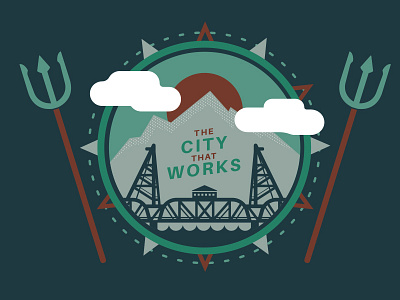 Portland, Oregon Emblem bridge clouds crest emblem mountains pitchforks portland water