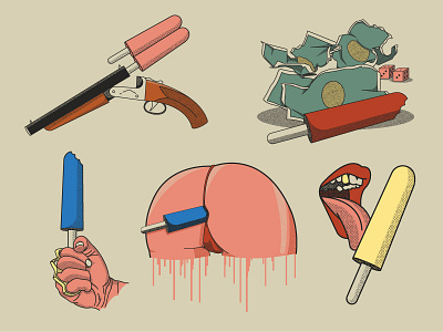 Street Habits Popsicle Co. V ass booty branding brass butt dice fist gun illustration knuckles logo money mouth popsicle thong tongue