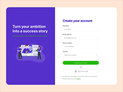 Design for an educational platform signup screen