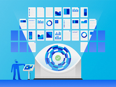 Frontiers Illustration 4 - AI Review Assistant ai artificial intelligence branding character document editorial eye machine research review scan science