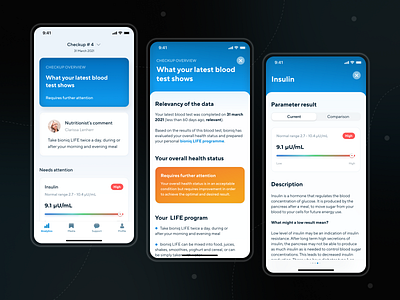 Bioniq - Health Management Mobile App app cards design graph health health app healthcare medical app mobile notification product status test