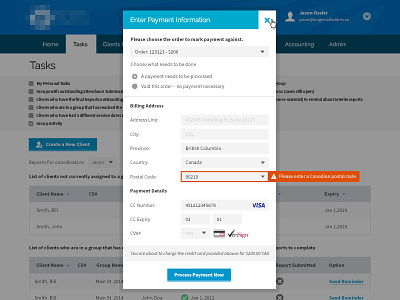 Payment Information credit dropdown error form modal payment warning