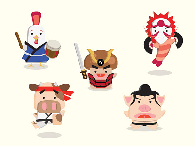 Japanese Animals characters chicken cow kabuki karate matsuri mushroom pig samurai shrimp sumo