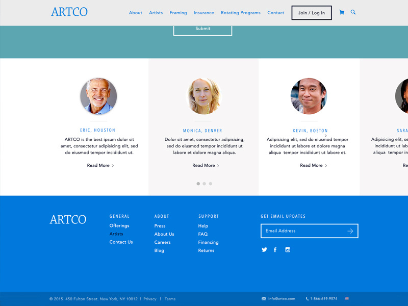 Testimonials & Footer navigation artco footer testimonial