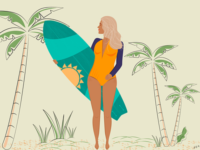 Girl with a surfboard beautiful flat girl graphic design illustration palm summer surfboard surfer surfer girl vector