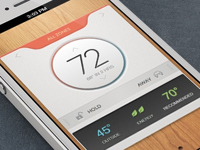 iPhone ThermoStat App app clean energy efficient glyph green icon interface ios iphone mobile temperature thermostat ui ux wood