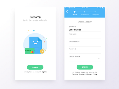 Eastamp signup / create account screen create creation mobile onboarding profile signup ui ux