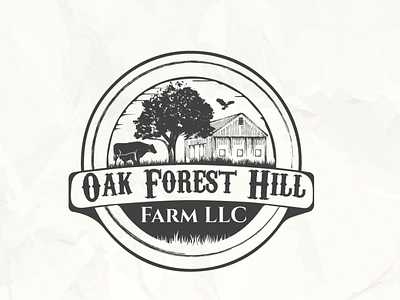 Oak forest hill farm LLC angus barn birds black bull classic cleancut cow design farm flat grass illustration logo nature sophisticated tree vector vintage white