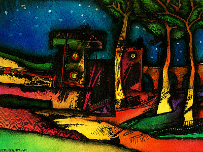 Tiamat pardês II aldea buildings grafismo ink landscape moon night paisaje suburbio watercolor