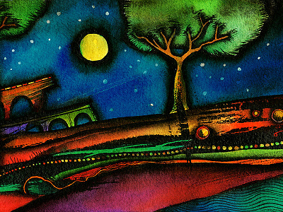 Tiamat pardês III aldea buildings cromático grafismo ink landscape moon night suburbio watercolor