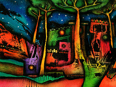 Tiamat pardês IV aldea buildings cromático illustration ink landscpae moon night suburbio vecindario watercolor
