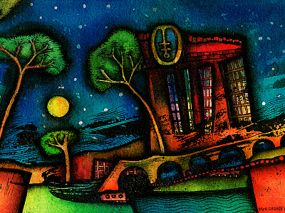 Tiamat pardês V bridge buildings cromático landscape moon mountains night river trees vecindario watercolor windows