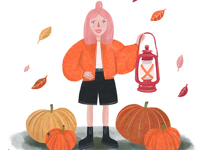 Girl in autumn 🍁 autumn illustration kids art kids books девушка тыква