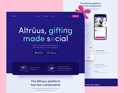 Website for Altrüus Gifting Platform awwwards bow bright colors design emotion emotional gift landing page present product promo website ribbon social vibrant web website zajno