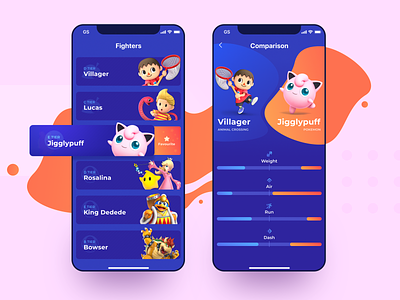 Mobile App Design for Crossover Fighting Game application bright colors character crossover experiment fighting game game gamer interface mobile mobile app design nintendo play profile ui ux vibrant video games vivid zajno