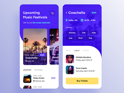 Mobile App for Hunting Music Festivals application interface bright colors clean data visualization festival minimalist mobile mobile app design music planning search service simple technology ui ux whitespace zajno