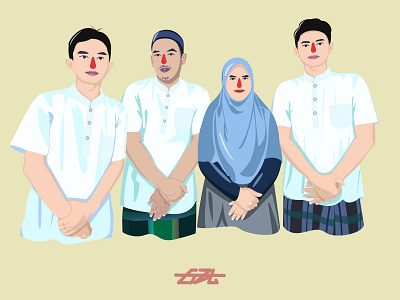 Cartoon Character Muslim Family on Eid Mubarak Ramadhan Edition