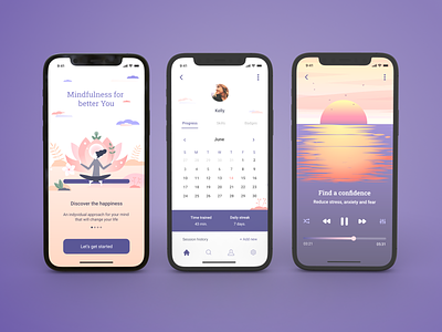 Meditation App app colorfull design graphic design meditation mobile mobile app orange pink purple selfcare ui uxui yoga