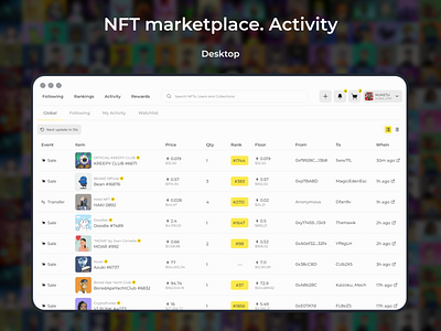 NFT marketplace. Activity of NFT's e commerce marketplace nft table ui ux web web design