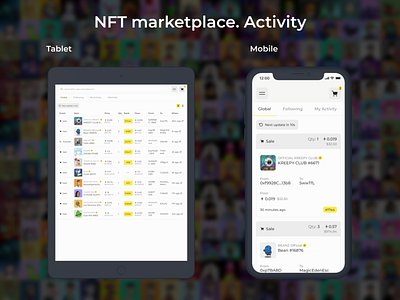 NFT Marketplace. Activity of NFT's e commerce marketplace mobile nft tablet ui ux web web design