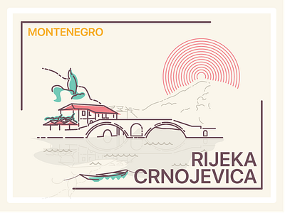 Rijeka Crnojevica boat bridge building hill illustration lake montenegro rijeka crnojevica rocks skadarsko jezero tree vector