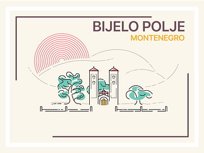 Bijelo Polje building church hill icon illustration line montenegro sun tree vector