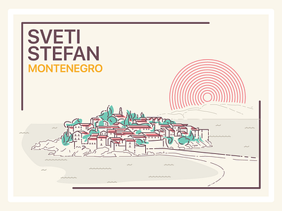 Sveti Stefan beach building house icon illustration line montenegro mountain sea sveti stefan tree vector