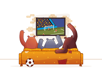 Watching Game - Having Fun ball bear football game illustration sport tv vector watching game world cup