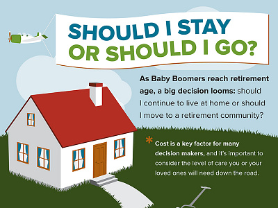 Should I Stay Or Should I Go? airplane clouds grass house illustration infographic information design outside propeller retirement retirement community sky