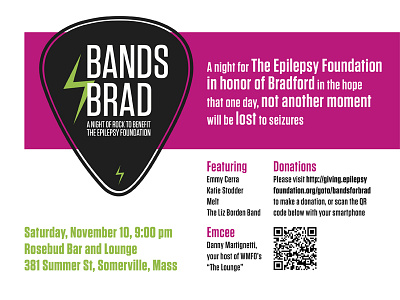 Bands for Brad black epilepsy event flyer green guitar pick handout identity magenta non profit poster qr code rock and roll seizures
