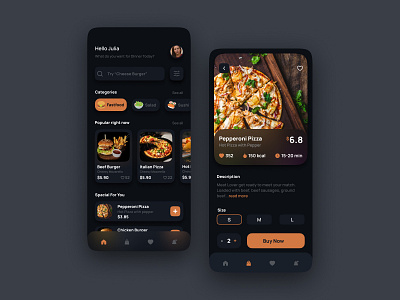 Food & Restaurant app - Dark mode adobe xd burger dark app dark ui delivery app eat figma food and drink food app food app ui food delivery foodie minimal mobile app pizza pizza app restaurant ui ux