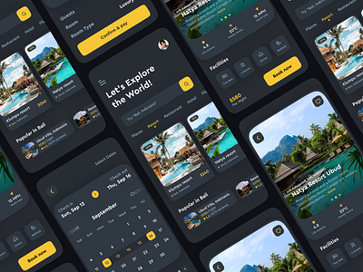 Travel and Hotel Booking app 2021 trend airbnb booking app clean dark app dark mode figma home rent hotel booking minimal mobile app property real estate reservation tour app travel travel agency ui design ui ux vacation