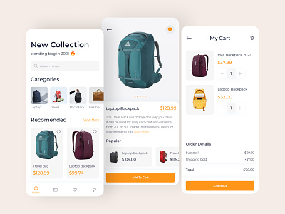 Backpack Shopping App add to cart app application bag bag store app check out clean ecommerce ecommerce shopping illustration ios mobile mobile app product page shopping shopping app ui uiux ux women bag