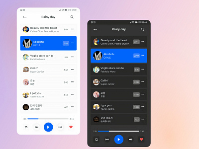Playlist for a rainy day 🥰 dark mode design heart light mode like mobile music music player next pause play prototype search song ui ux