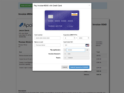 Apollo Web Studio Invoice with CSS3 Animated Credit Card Form animation bootstrap credit card css3 html invoice javascript payment stripe sugarcrm