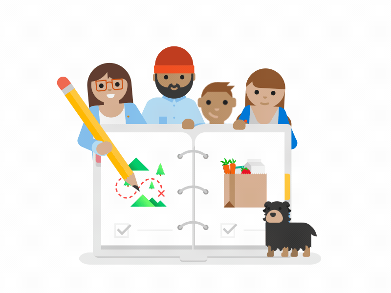 Gather Ideas in One Place - Microsoft Family animated illustrations animation character delight family gather gif groceries ideas microsoft motion notebook notebooks planner planning