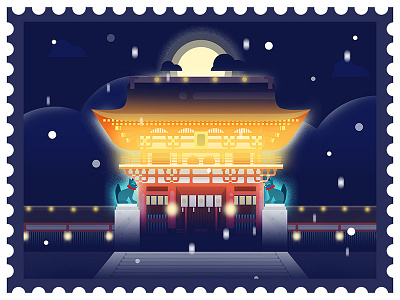 The night of ancient civilizations-Fushimi Inari Shrine buliding illustration night