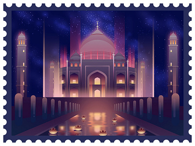 The night of ancient civilizations-Taj Mahal buliding illustration night