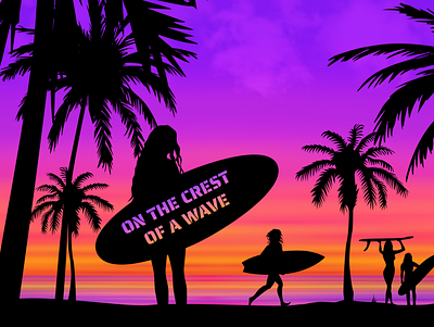 On the crest of a wave adobe illustrator figma girls illustration palm tree sea summer sunset surfing waves
